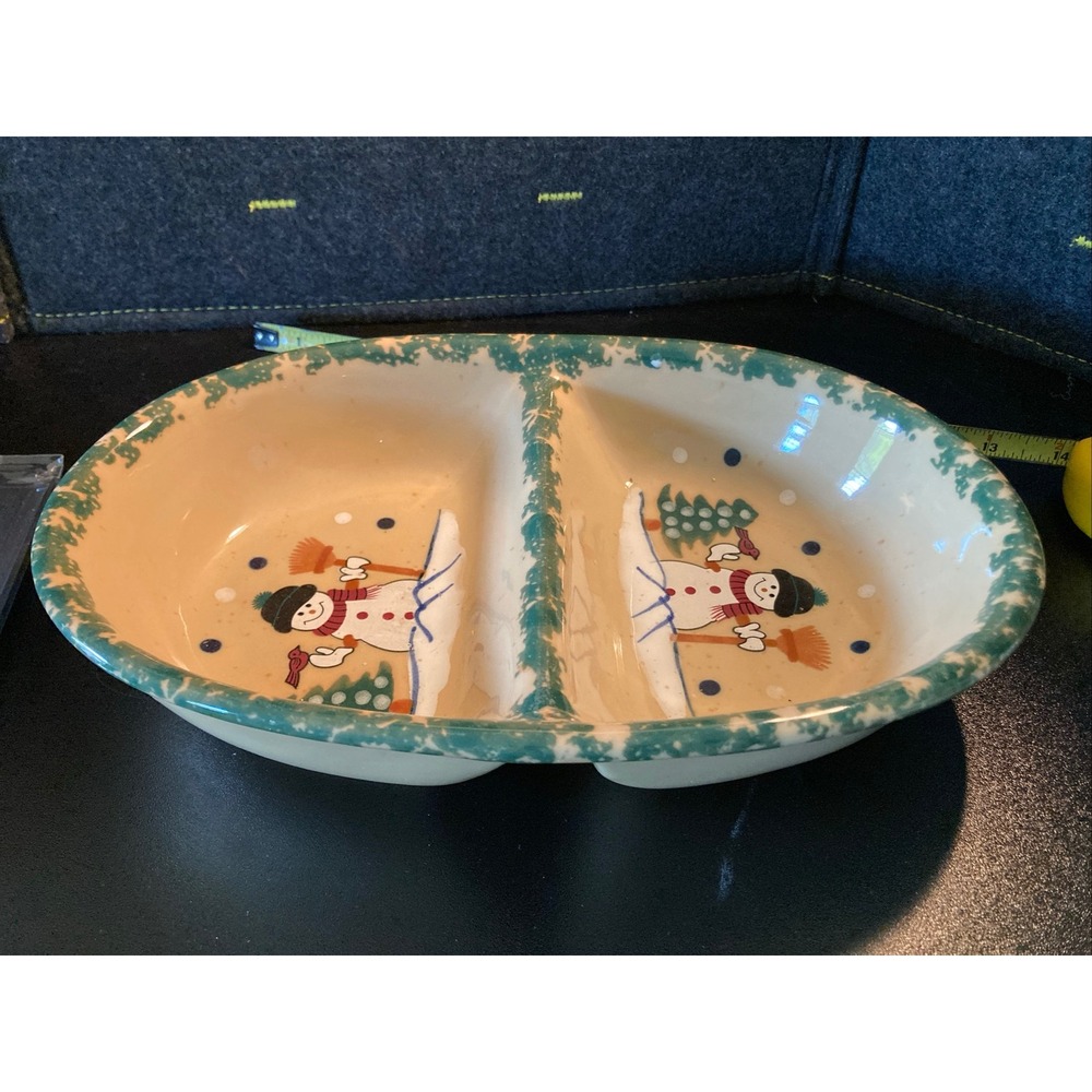 LTD Commodities Snowman Divided Oval Serving‎ Dish Ceramic Christmas Winter Bowl